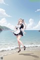 A woman in a maid outfit standing on a beach.