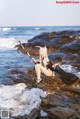 A woman sitting on a rock by the ocean holding a sword.