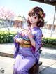 A woman in a purple kimono sitting on a bench.