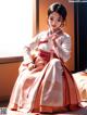 A woman in a pink and white hanbok sitting on a bed.